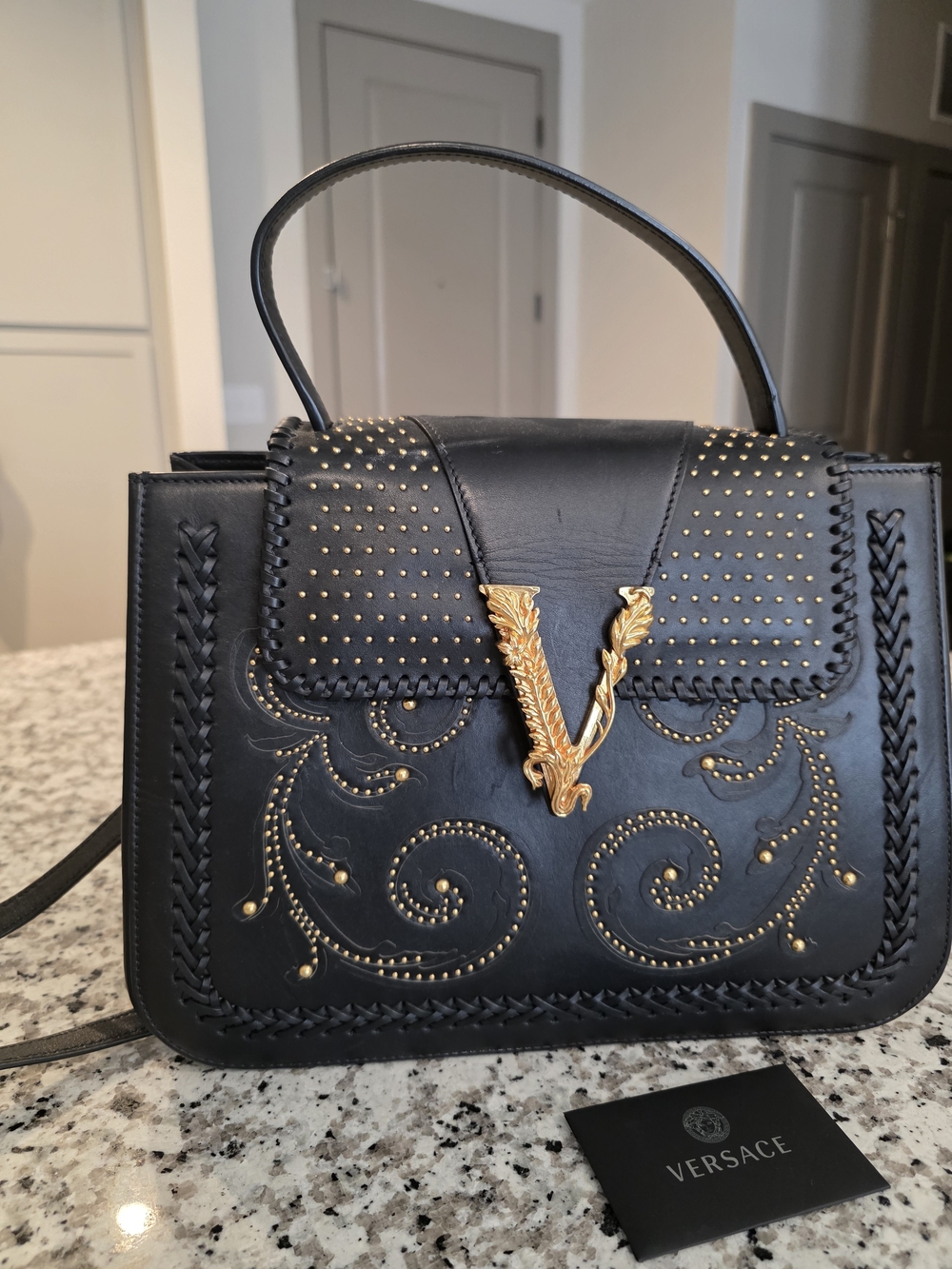 Versace Black Leather Satchel with Gold V Leaf Emblem